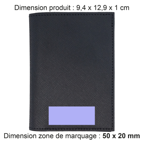 Portefeuille avec dimensions et zone de marquage.