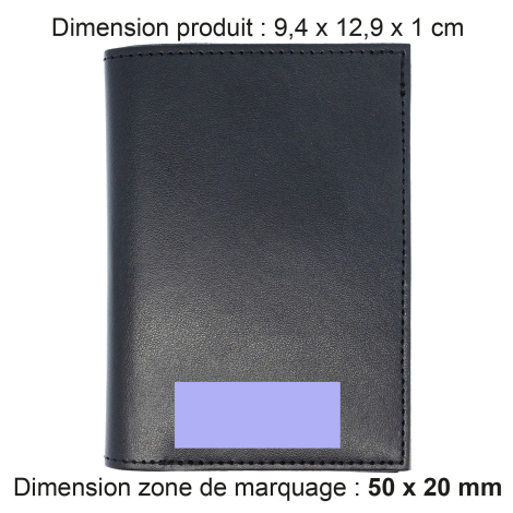 Portefeuille avec dimensions et zone de marquage.
