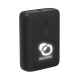 Batterie de secours noire compacte avec bouton marche-arrêt, quatre témoins lumineux et logo personnalisé rétroéclairé en blanc Batterie de secours noire compacte avec bouton marche-arrêt, quatre témoins lumineux et logo personnalisé rétroéclairé en blanc