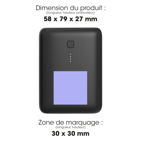 Schéma de la batterie de secours noire indiquant ses dimensions et une zone de marquage carrée située sur la partie inférieure d