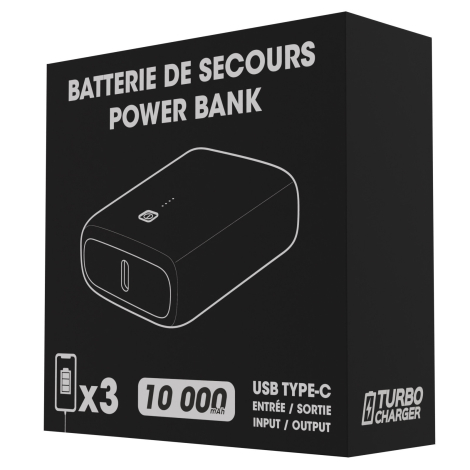 Boîte noire d’une batterie de secours de 10 000 mAh avec illustration du produit et indications relatives à la connectique USB T