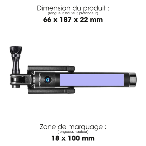 Schéma de la perche à selfie noire repliée indiquant ses dimensions et une zone de marquage rectangulaire sur la poignée.