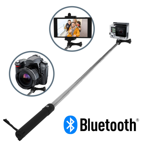 Perche à selfie télescopique noire avec connexion Bluetooth, présentée avec différents supports pour smartphone, appareil photo 