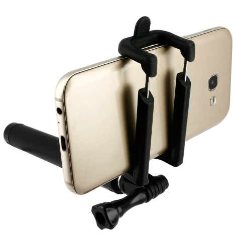 Gros plan sur le support réglable de la perche à selfie maintenant un smartphone en position horizontale.