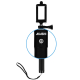 Vue de face de la perche à selfie noire avec support pour smartphone, bouton de déclenchement et dragonne. Vue de face de la perche à selfie noire avec support pour smartphone, bouton de déclenchement et dragonne.