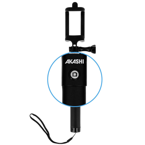 Vue de face de la perche à selfie noire avec support pour smartphone, bouton de déclenchement et dragonne.