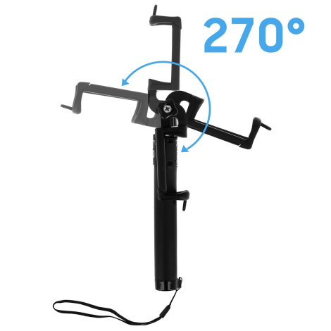 Schéma illustrant la rotation à 270 degrés du support pour smartphone de la perche à selfie noire.