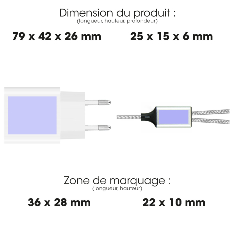 Chargeur et câble avec zones de personnalisation.
