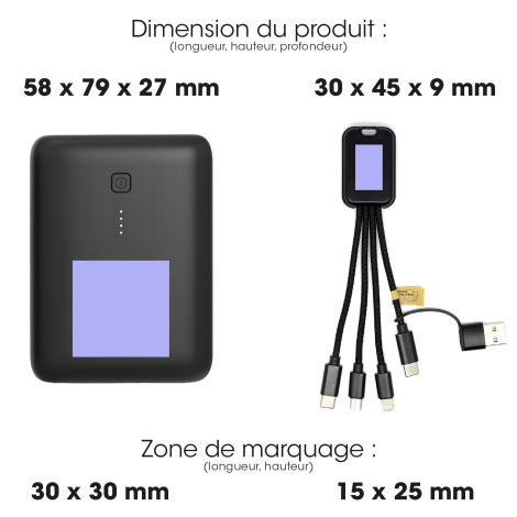 Batterie et câble avec zones de personnalisation.