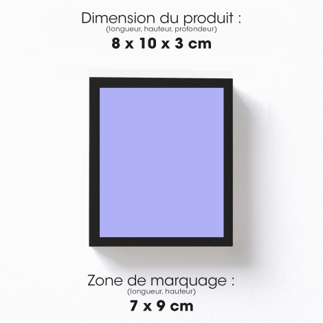 Emballage avec dimensions et zone de personnalisation.