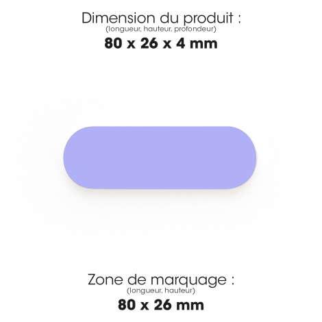 Schéma du support smartphone noir indiquant les dimensions du produit et la zone de marquage sur toute sa face supérieure.