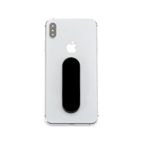 Vue de dos d’un smartphone équipé du support noir replié à plat.