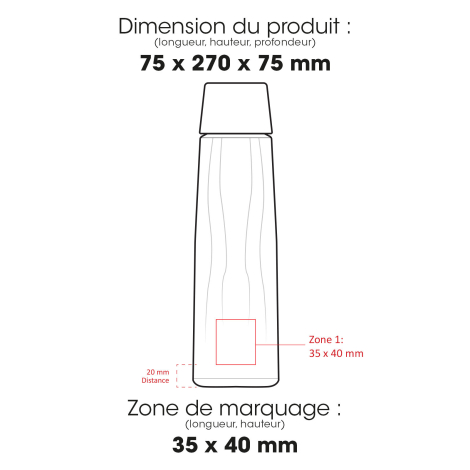 Schéma d’une bouteille en verre personnalisable indiquant la zone de marquage de 35 x 40 mm.