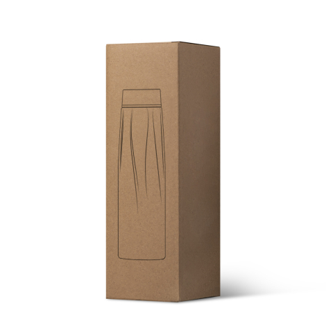 Boîte en carton kraft avec illustration d’une bouteille en verre et bouchon aspect bois.