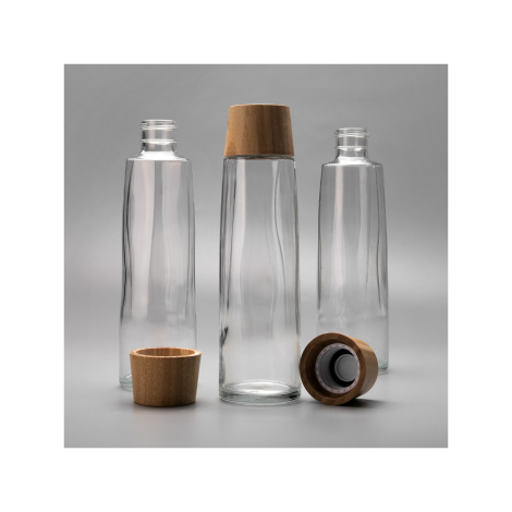 Bouteilles en verre transparent avec bouchons aspect bois présentés séparément.