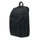Sac à dos noir présenté de trois quarts, montrant la grande poche frontale, une poche latérale zippée, le compartiment principal