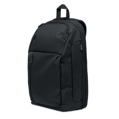 Sac à dos noir présenté de trois quarts, montrant la grande poche frontale, une poche latérale zippée, le compartiment principal