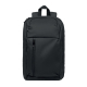 Vue de face du sac à dos noir avec grande poche avant zippée verticalement, poche supérieure, poignée de transport et lignes sob