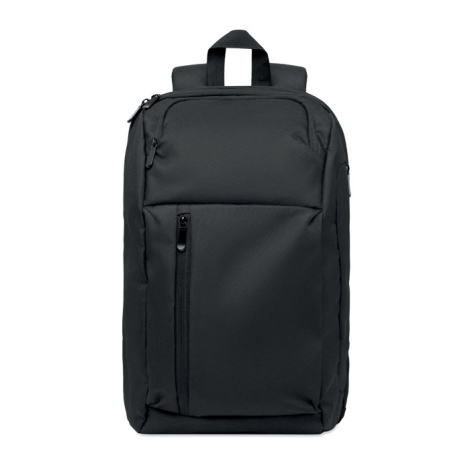 Vue de face du sac à dos noir avec grande poche avant zippée verticalement, poche supérieure, poignée de transport et lignes sob