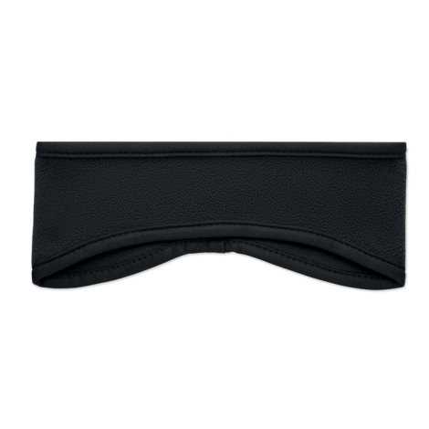 Bandeau noir en polaire présenté à plat de face, avec bordures foncées et découpe incurvée dans sa partie inférieure.