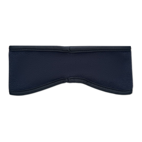 Bandeau bleu marine en polaire vu à plat côté opposé, avec couture verticale centrée et bordures foncées.