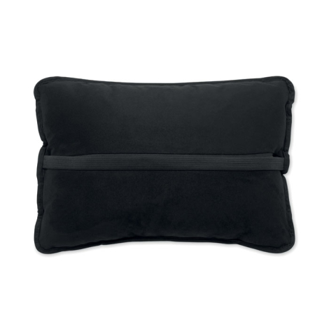 Dos du coussin noir en tissu suédé, équipé d’une large sangle élastique horizontale permettant de le maintenir contre un dossier