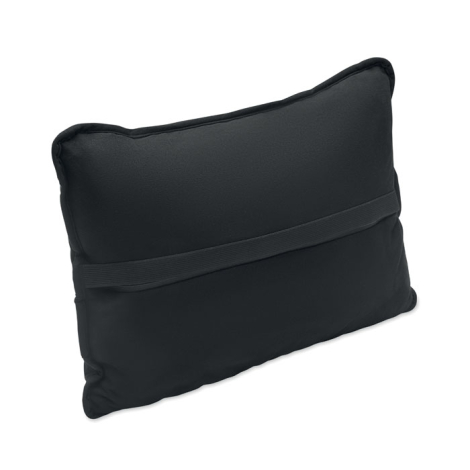 Coussin noir vu de dos en perspective, montrant la sangle élastique qui traverse toute sa largeur.