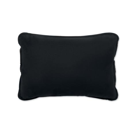 Coussin noir rectangulaire présenté de face, avec rembourrage visible et contours légèrement arrondis.