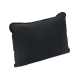 Coussin noir en tissu suédé présenté de trois quarts, mettant en évidence sa forme rembourrée et ses coutures périphériques.