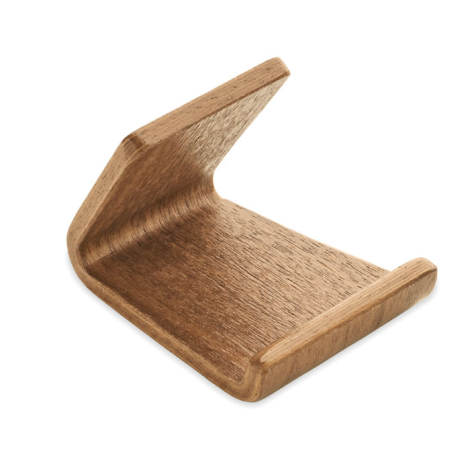Support en bois vide montrant sa forme courbée, avec une base plane prolongée par un appui incliné destiné à maintenir le téléph