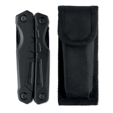 Outil multifonction noir entièrement replié présenté à côté de sa pochette de rangement en textile noir avec rabat de fermeture.