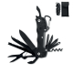 Couteau multi-outils noir déplié, montrant une grande lame, une scie, des ciseaux, plusieurs tournevis, un décapsuleur, un ouvre