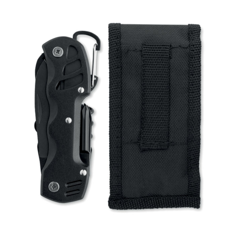 Couteau multi-outils noir entièrement replié présenté à côté de sa pochette de rangement en textile noir avec passant au dos.