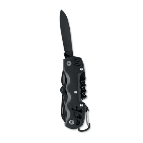 Couteau multi-outils noir avec grande lame déployée, tandis que les autres accessoires restent repliés dans le manche.