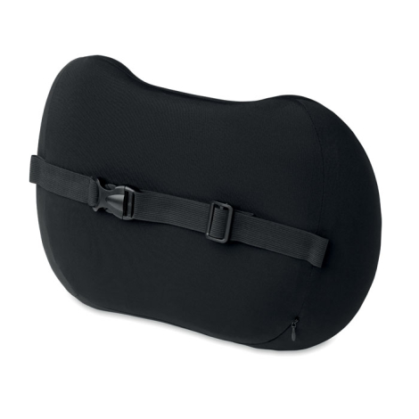 La vue de trois quarts arrière met en évidence le galbe du coussin ainsi que sa sangle réglable et la petite fermeture zippée de