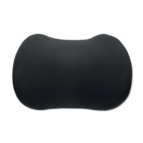 Présenté de face sur fond blanc, le coussin ergonomique noir révèle sa silhouette incurvée et ses extrémités arrondies.