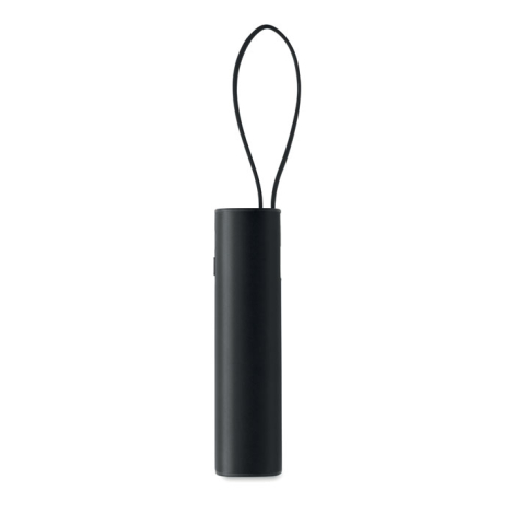 Face arrière de la batterie externe noire, sans marquage visible, avec sa longue dragonne formant une boucle au-dessus du boîtie