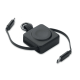Câble USB-C rétractable noir intégré dans un boîtier carré compact, avec deux connecteurs USB-C déployés de chaque côté et un an Câble USB-C rétractable noir intégré dans un boîtier carré compact, avec deux connecteurs USB-C déployés de chaque côté et un an