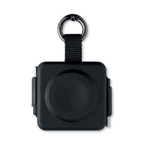 Vue de dessus du boîtier noir avec l’anneau porte-clés en partie haute et la large surface circulaire de charge pour montre conn