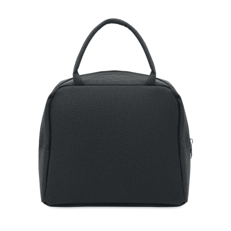 Vue de face du sac isotherme noir fermé, de forme rectangulaire, avec deux poignées souples sur le dessus.