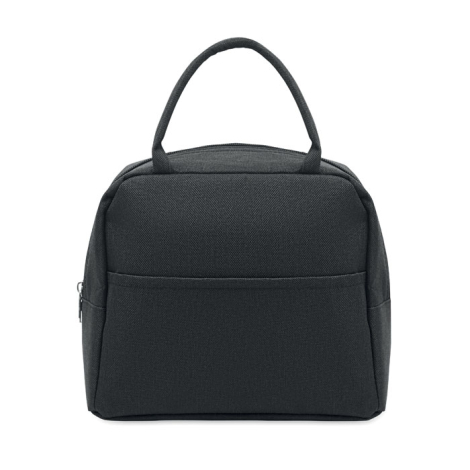 Vue de l’autre face du sac isotherme noir, équipée d’une grande poche extérieure ouverte et de deux poignées sur le dessus.