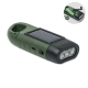 Torche verte et noire vue de trois quarts, avec trois LED à l’avant, panneau solaire sur le dessus et port USB-C sur le côté ; u Torche verte et noire vue de trois quarts, avec trois LED à l’avant, panneau solaire sur le dessus et port USB-C sur le côté ; u