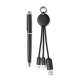 Stylo noir à finitions argentées présenté à côté du porte-clés câble noir, composé d’un médaillon rond, de trois cordons et de p