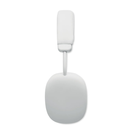 Vue latérale d’une oreillette blanche du casque, reliée à l’arceau par une fine branche et présentant une large coque extérieure