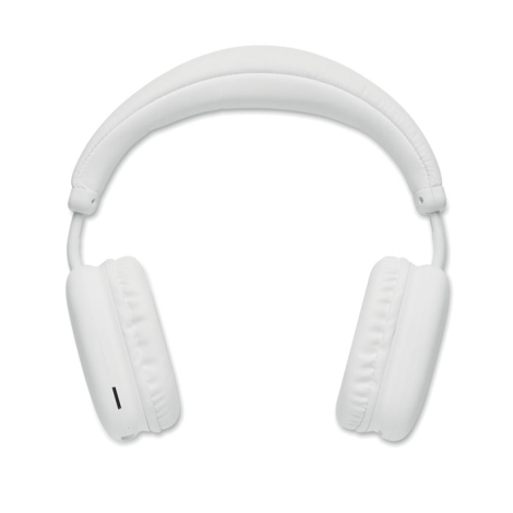 Casque audio blanc vu de face, avec arceau rembourré, branches réglables et coussinets enveloppants sur les deux oreillettes.