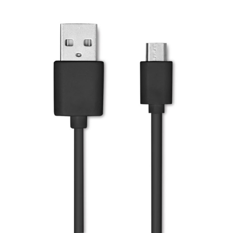 Câble de charge noir présenté avec un connecteur USB-A à une extrémité et un connecteur USB-C à l’autre.