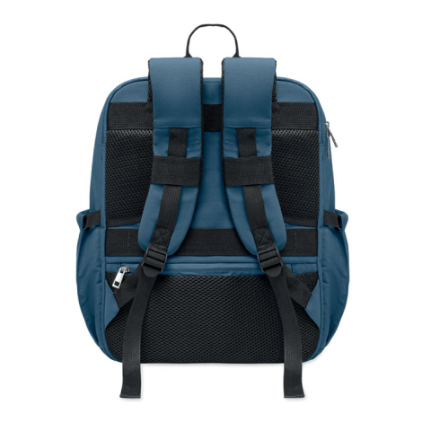 Vue arrière du sac à dos bleu avec deux bretelles réglables rembourrées, panneaux en maille, passant horizontal et poche arrière