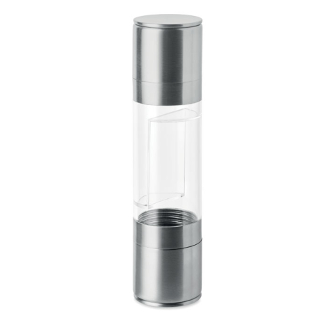 Moulin 2-en-1 vide, composé d’un corps central transparent et de deux extrémités cylindriques en acier argenté.
