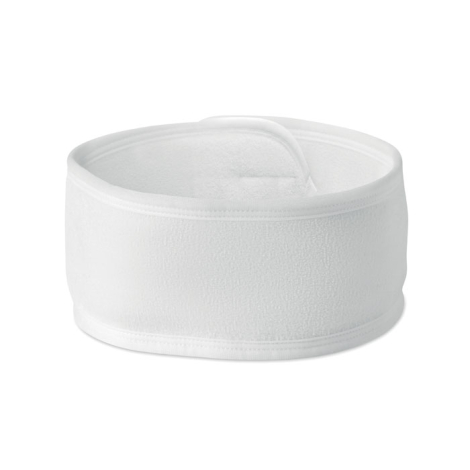 Bandeau blanc en microfibre fermé, vu de face, avec patte de fermeture arrondie rabattue sur le dessus.
