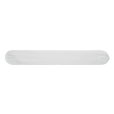 Bandeau blanc en microfibre entièrement déplié à plat, de forme longue et étroite avec extrémités arrondies.